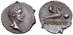 Civil War, Vindex AR Denarius. Uncertain mint in Gaul, AD 68. Bare head of Augustus to right / AVGVSTVS, Capricorn to right, holding globe attached to rudder between front hooves, cornucopiae above ba