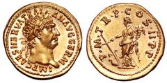 Trajan AV Aureus. Rome, AD 98-99. IMP CAES NERVA TRAIAN AVG GERM, laureate head right / P M TR P COS II P P, Fortuna standing left, holding rudder set on prow with her right hand and cornucopiae with 