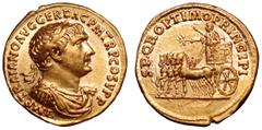 Trajan AV Aureus. Rome, AD 106. IMP TRAIANO AVG GER DAC P M TR P COS V P P, laureate, draped and cuirassed bust right / SPQR OPTIMO PRINCIPI, Trajan as triumphator in slow quadriga to left, holding br
