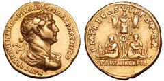 Trajan AV Aureus. Rome, AD 116. IMP CAES NER TRAIAN OPTIM AVG GER DAC PARTHICO, laureate, draped and cuirassed bust right / P M TR P COS VI P P S P Q R, Parthia seated right, head facing, in attitude 