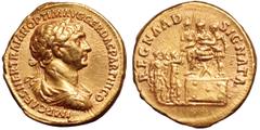 Trajan AV Aureus. Rome, AD 116. IMP CAES NER TRAIANO OPTIM AVG GER DAC PARTHICO, laureate, draped and cuirassed bust right / REGNA ADSIGNATA, Trajan seated to left on platform with two attendants stan