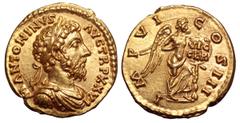 Marcus Aurelius AV Aureus. Rome, AD 171-172. M ANTONINVS AVG TR P XXVI, laureate, draped and cuirassed bust right / IMP VI COS III, Victory standing right, holding shield inscribed VIC GER set on tree