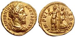Marcus Aurelius AV Aureus. Rome, AD 172. M ANTONINVS AVG TR P XXVI, laureate, draped and cuirassed bust of Marcus Aurelius to right / IMP VI COS III, Marcus Aurelius in military dress standing to left