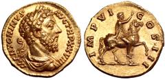 Marcus Aurelius AV Aureus. Rome, AD 173-174. M ANTONINVS AVG TR P XXVIII, laureate, draped and cuirassed bust right, seen from behind / IMP VI COS III, Marcus Aurelius on horseback right, raising righ