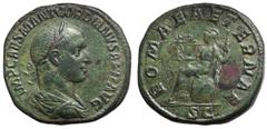 Gordian II Æ Sestertius. Rome, March-April AD 238. IMP CAES M ANT GORDIANVS AFR AVG, laureate, draped, and cuirassed bust right / ROMAE AETERNAE, Roma seated left, holding Victory and sceptre; oval sh