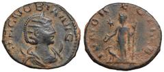 Zenobia Æ Antoninianus. Antioch, March-May AD 272. S ZENOBIA AVG, draped bust right, set on crescent / IVNO REGINA, Juno standing facing, looking left, holding patera and sceptre; at feet left, a peac