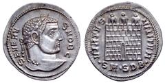 Severus II, as Caesar, AR Argenteus. Serdica, AD 305-306. SEVERVS NOB C, laureate head right / VIRTVS MILITVM, three-turreted camp-gate with no doors, pellet in doorway, ·SM·SDB· in exergue. RIC -; Ga