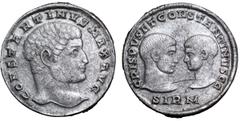 Constantine I with Crispus and Constantine II, as Caesars, AR Miliarense. Sirmium, AD 320-324. CONSTANTINVS MAX AVG, bare head right / CRISPVS ET CONSTANTINVS CC, confronted, bare-headed busts of Cris