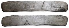 Roman silver ingot or bar with assayers stamps. Late fourth century AD. Horizontal central stamp in dotted rectangular frame: LVCIAN[VS] / OBRI•SIC Christogram; two lateral vertical stamps each with: