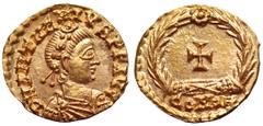 Anthemius AV Tremissis. Uncertain mint, AD 468. DN ANTHEMIVS PF AVG, rosette-diademed, draped and cuirassed bust right / Cross within wreath; COMOB in exergue. RIC 2841; Depeyrot 71/5. 1.44g, 13mm, 5h