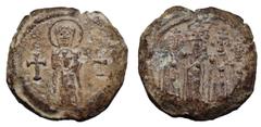 Byzantine Lead Seal. Constans II, AD 659-668. The Virgin, nimbate, standing facing, holding a medallion of Christ against her chest; a cross in each field / Heraclius, Constans II, Constantin IV, and 
