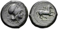 Sicily, Aitna Æ Tetras. 354/3-344 BC. Helmeted head of Athena right / Horse with trailing rein prancing right; M above. Castrizio series I, 1; CNS 1; SNG ANS 1301. 16.24g, 25mm, 4h. Good Very Fine. Sc