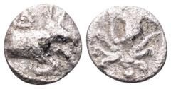 Macedonia, Dikaia AR Hemiobol(?). Circa 450-425/0 BC. Forepart of bull right / Octopus. Schönert-Geiss, Bisanthe -; SNG ANS -. 0.29g, 7mm. Fine, porous. Extremely Rare. From the Frank James Collection