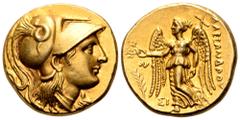 Kingdom of Macedon, Alexander III 'the Great' AV Stater. Sidon mint. Struck under Menes. Dated RY 7 of Abdalonymos = 327-326 BC. Helmeted head of Athena right / AΛEΞANΔPOY, Nike standing left, holding