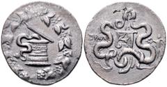 Lydia, Tralleis AR Cistophoric Tetradrachm. Undated issue, struck circa 155-145 BC. Cista mystica with serpent; all within ivy wreath / Bow-case with serpents; TPAΛ to left, Nike to right. Kleiner-Noe