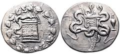 Lydia, Tralleis AR Cistophoric Tetradrachm. Circa 155-145 BC. Cista mystica with serpent; all within ivy wreath / Bow-case with serpents; TPAΛ to left, loutrophorus to right. Kleiner-Noe Series 22; SN