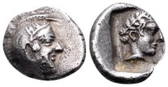Lycia, Xanthos AR Obol. 450-420 BC. Head of Athena right, wearing crested Attic helmet / Laureate head of Apollo right; diskeles before. Cf. Vismara -; Vismara 51 (Stater); Vismara, Vekhssere 62 var. 