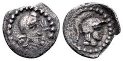 Dynasts of Lycia, Ddenevele AR Tetartemorion. Circa 420-400 BC. Head of the Satrap right, wearing Persian tiara / Helmeted head of Athena right; within incuse circle. Cf. SNG von Aulock 4182 (triobol)