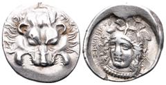 Dynasts of Lycia, Zagaba AR Third Stater. Circa 400-380 BC. Facing lion’s scalp / Helmeted head of Athena facing slightly left. SNG Copenhagen -; Vismara -; BMC -; Babelon, Traité -; SNG v. Aulock -; 