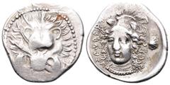 Dynasts of Lycia, Zagaba AR Third Stater. Circa 400-380 BC. Facing lion’s scalp / Helmeted head of Athena facing slightly left; Shell behind. SNG Copenhagen -; Vismara -; BMC -; Babelon, Traité -; SNG