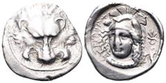 Dynasts of Lycia, Zagaba AR Third Stater. Circa 400-380 BC. Facing lion’s scalp / Helmeted head of Athena facing slightly left. Vismara -; BMC -; Babelon, Traité -; SNG v. Aulock -; Olcay/Mørkholm, Po