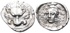 Dynasts of Lycia, Zagaba AR Third Stater. Circa 400-380 BC. Facing lion’s scalp / Helmeted head of Athena facing slightly left. SNG Copenhagen -; Vismara -; BMC -; Babelon, Traité -; SNG v. Aulock 420