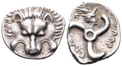 Dynasts of Lycia, Perikles AR Third Stater. Circa 380-360 BC. Facing lion’s scalp / Triskeles; Head of Hermes right in upper field; Legend around. SNG Copenhagen -; SNG v. Aulock -. 3.03g, 16mm, 2h. N
