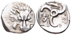 Dynasts of Lycia, Perikles AR Third Stater. Circa 380-360 BC. Facing lion’s scalp / Triskeles; Dolphin right in upper field; Female head facing in lower left field; legend around. SNG Copenhagen -; SN