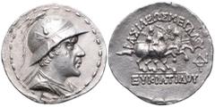 Greco-Baktrian Kingdom, Eukratides I AR Tetradrachm. Struck circa 165-160 BC. Diademed and draped bust of Eukratides to right, wearing Macedonian helmet adorned with bull's horn and ear / ΒΑΣΙΛΕΩΣ ΜΕΓ