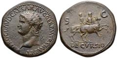 Nero Æ Sestertius. Lugdunum (Lyon), circa AD 67. IMP NERO CAESAR AVG P M TR POT P P, laureate head left, with small globe at point of bust / DECVRSIO in exergue, S-C across fields; Nero on horseback r