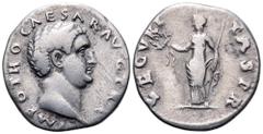Otho AR Denarius. Rome mint. Struck 15 January-8 March AD 69. IMP OTHO CAESΛR ΛVG TR P, bare head right / SECVRITAS P R, Securitas, draped, standing left, holding wreath in right hand and cradling sce