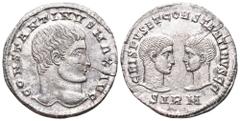 Constantine I with Crispus and Constantine II, as Caesars, AR Miliarense. Sirmium, AD 320-324. CONSTANTINVS MAX AVG, bare head right / CRISPVS ET CONSTANTINVS CC, confronted, bare-headed busts of Cris
