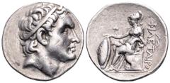 Kingdom of Pergamon, Philetairos AR Tetradrachm. Circa 270-265 BC. Diademed head of the deified Seleukos I to right / Athena, helmeted and wearing long robes, seated to left on low throne with lion's 