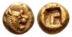 Kingdom of Lydia, time of Alyattes EL 1/12 Stater. Sardes, circa 610-560 BC. Head of lion right, solar disk above forehead / Double-square incuse punch. Weidauer 90; SNG Kayhan 1015. 1.17g, 7mm. Extre