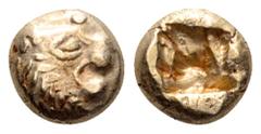 Kingdom of Lydia, time of Alyattes EL 1/12 Stater. Sardes, circa 610-560 BC. Head of lion right, solar disk above forehead / Double-square incuse punch. Weidauer 90; SNG Kayhan 1015. 1.13g, 7mm. Very 