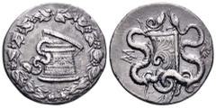 Lydia, Sardes-Synnada AR Cistophoric Tetradrachm. Circa 189-133 BC. Cista mystica with serpent within ivy wreath / Two serpents entwined around bow and quiver; civic monogram to left, wing to right. S