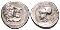 Lycia, uncertain dynast and mint AR Stater. Circa 400-370 BC. Head and forepaw of roaring lion right / Head of Athena left, wearing plain Attic crested helmet, diskeles behind. Unpublished in the stan