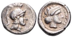 Lycia, uncertain dynast and mint AR Stater. Circa 400-390 BC. Head of Athena right, wearing decorated Attic crested helmet / Garbled legend, Female head right, wearing ampyx and sphendone. Unpublished