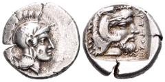 Lycia, uncertain dynast and mint AR Stater. Circa 400-390 BC. Helmeted head of Athena right / Head of Herakles right; Lycian legend before, everything within incuse square. Unpublished in the standard