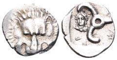 Dynasts of Lycia, Perikles AR Third Stater. Circa 380-360 BC. Facing lion's scalp / Triskeles; Bust of Apollo in upper left field; Legend around. SNG Copenhagen -; SNG v. Aulock -. 3.09g, 15mm, 8h. Ve