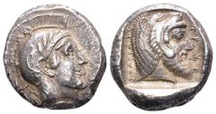 Dynasts of Lycia, Kherei AR Stater. Telmessos, circa 410-390 BC. Head of Athena right, wearing crested Attic helmet decorated with spiral palmette and three olive leaves; TE (in Lycian) between neck g