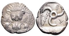 Dynasts of Lycia, Trbbenimi AR Stater. Zemura (Limyra), circa 390-375 BC. Facing lion scalp / Triskeles; small triskeles and club in fields, TRB (in Lycian) around; all within incuse square. Jameson 1