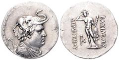 Baktria, Greco-Baktrian Kingdom, Demetrios I AR Tetradrachm. Circa 200-185 BC. Diademed and draped bust right, wearing elephant skin headdress / BAΣIΛEΩΣ ΔHMHTPIOY, Herakles standing facing, crowning 