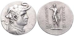 Baktria, Greco-Baktrian Kingdom, Demetrios I AR Tetradrachm. Circa 200-185 BC. Diademed and draped bust right, wearing elephant skin headdress / BAΣIΛEΩΣ ΔHMHTPIOY, Herakles standing facing, crowning 