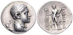 Baktria, Greco-Baktrian Kingdom, Euthydemos II AR Tetradrachm. Circa 185-180 BC. Diademed bust of King right / BAΣIΛEΩΣ EYΘYΔHMOY, Herakles, standing facing crowned with leaves, holding wreath and clu