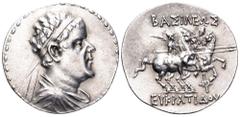 Baktria, Greco-Baktrian Kingdom, Eukratides I AR Tetradrachm. Circa 171-145 BC. Diademed, draped and cuirassed bust right / BAΣIΛEΩΣ EYKPATIΔOY, The Dioskouroi on horses rearing right, holding palms a