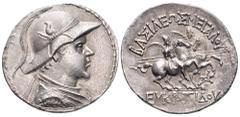 Baktria, Greco-Baktrian Kingdom, Eukratides I AR Tetradrachm. Circa 171-145 BC. Diademed, draped, and cuirassed bust right, wearing crested helmet adorned with bull's horn and ear / BAΣIΛΩΣ MEΓAΛOY EY
