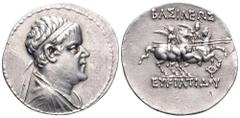 Baktria, Greco-Baktrian Kingdom, Eukratides I AR Tetradrachm. Circa 171-145 BC. Diademed, draped and cuirassed bust right / BAΣIΛEΩΣ EYKPATIΔOY, The Dioskouroi on horses rearing right, holding palms a