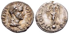 Galba AR Denarius. Possibly Narbo, AD 68. SER GALBA IMPERATOR, laureate bust right / VICTORIA P R, Victory, draped, standing on globe facing, head left, holding wreath in right hand and palm branch in