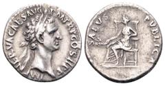Nerva AR Denarius. Rome, AD 97. IMP NERVA CAES AVGP M TR P COS II P P, laureate head of Nerva right / SALVS PVBLICA, Salus seated left, holding grain ears. RSC 132; RIC 9. 3.04g, 18mm, 8h. Very Fine.